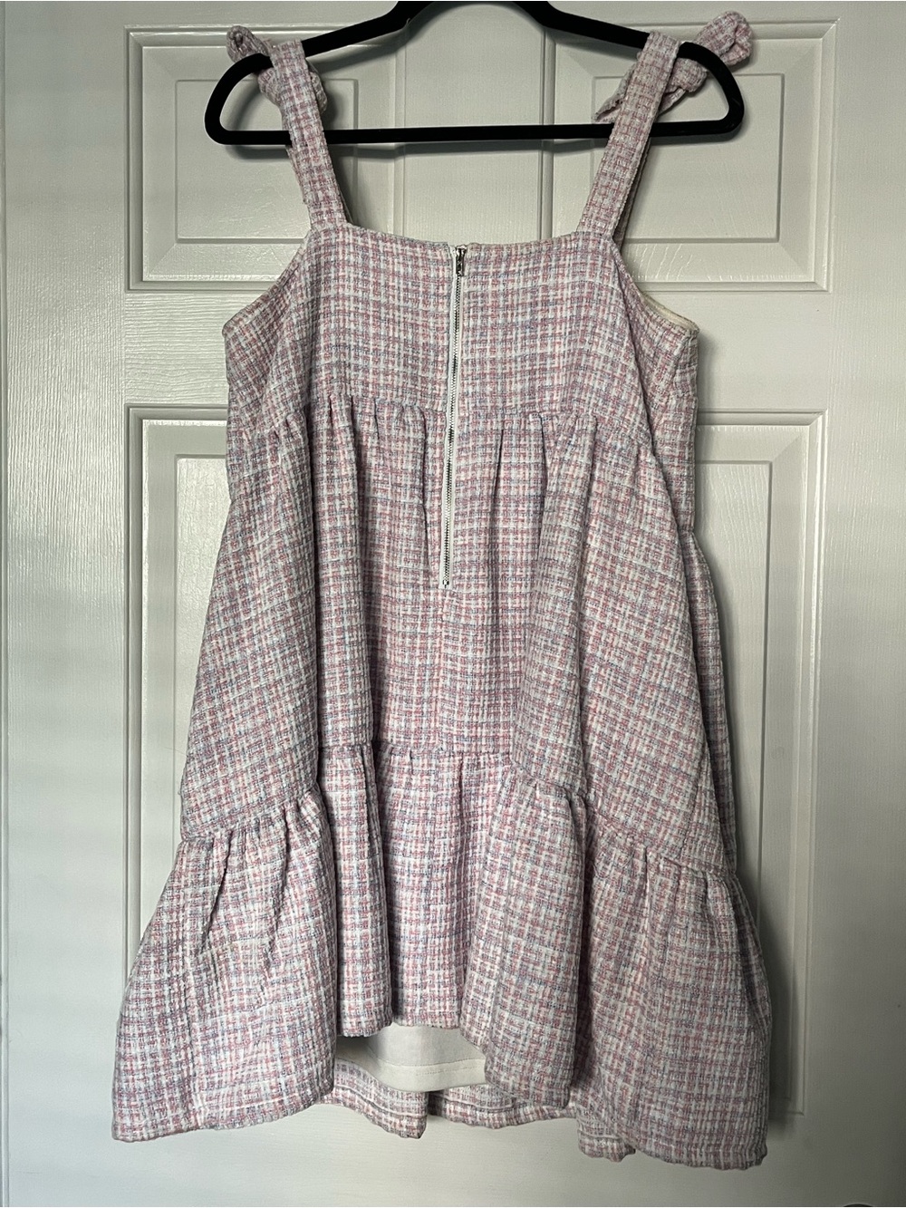 Tiered Pink Plaid Mini Dress with Tie Straps | Size M - Picture 3 of 5